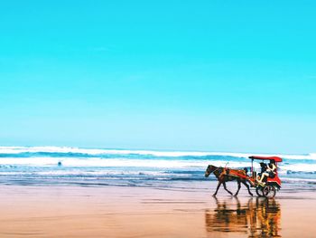 Man riding horse at beach against sky