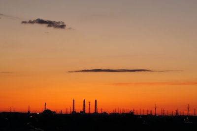 Silhouette factory against sky during sunset