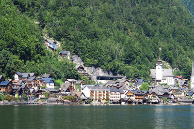 High angle view of townscape by trees and buildings