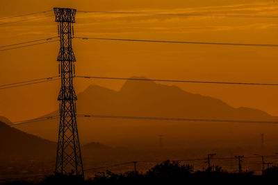 Low angle view of silhouette electricity pylon against romantic sky