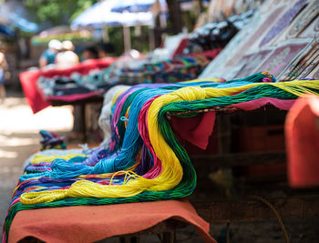 Close-up of multi colored textile for sale in market