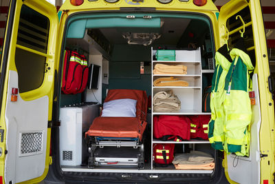 Interior of ambulance at parking lot