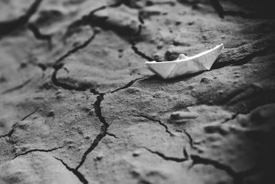 Close-up of paper boat on barren land