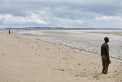 Rear view of man on beach against sky