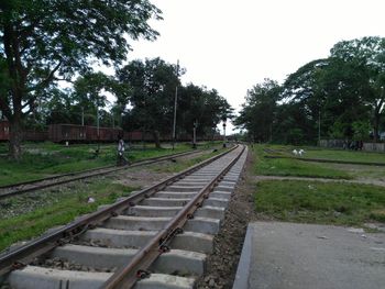 Railroad track amidst trees against sky