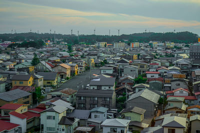 High angle view of townscape against sky during sunset