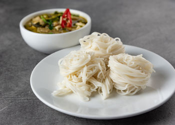 High angle view of pasta in bowl on table