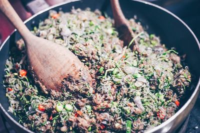 High angle view of food in cooking pan