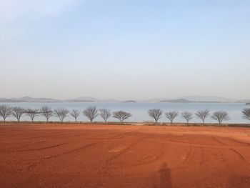 Scenic view of lake against clear sky during winter