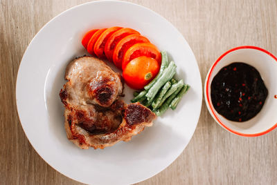 High angle view of food in plate on table