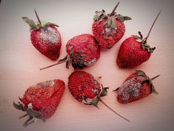 High angle view of strawberries on table