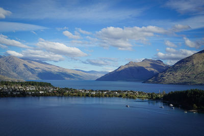 Scenic view of lake by mountains against sky