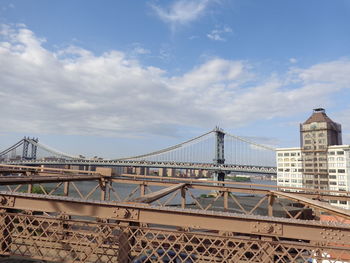 Suspension bridge in city against cloudy sky