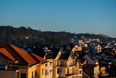 Townscape against clear blue sky