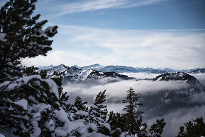 Scenic view of snow covered mountains against sky