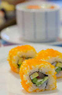 Close-up of sushi served in plate