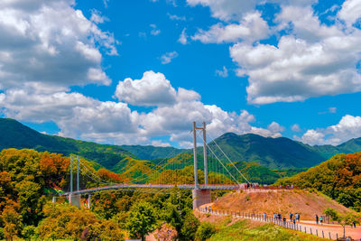 Panoramic view of bridge and mountains against sky