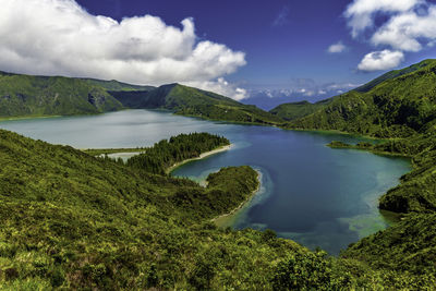 Scenic view of lake and mountains against sky