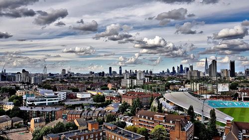 High angle view of cityscape against sky