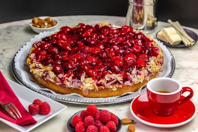 High angle view of dessert in plate on table