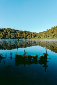 Scenic view of lake against clear blue sky