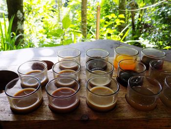 Close-up of glasses on table