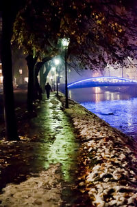 People walking on footpath by river at night