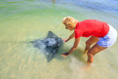 Woman playing with stingray in sea