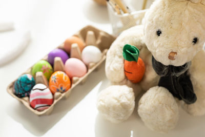 Close-up of colorful toys on table