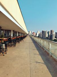 Empty chairs and buildings against clear blue sky