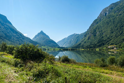 Scenic view of lake and mountains against sky