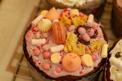 High angle view of dessert on table