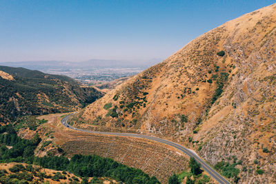 High angle view of road amidst landscape against clear sky