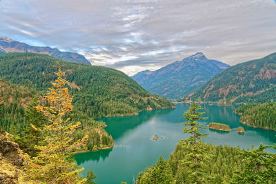 Scenic view of lake and mountains against sky