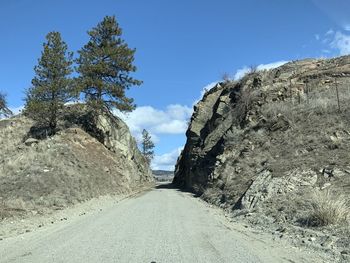 Road amidst trees against blue sky