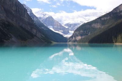 Scenic view of lake and mountains against sky