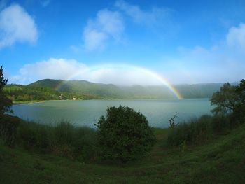 Scenic view of lake against rainbow in sky