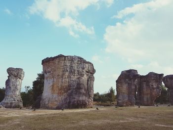 Rock formations on landscape against sky