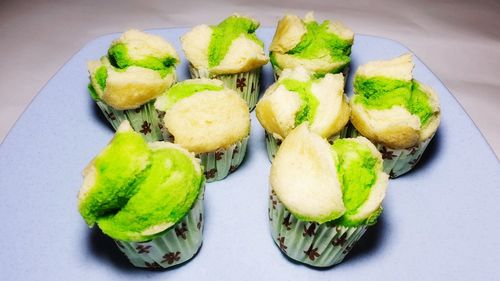 High angle view of fruits in plate on table