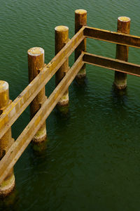 Wooden posts in lake