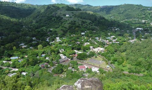 High angle view of trees and houses on mountain