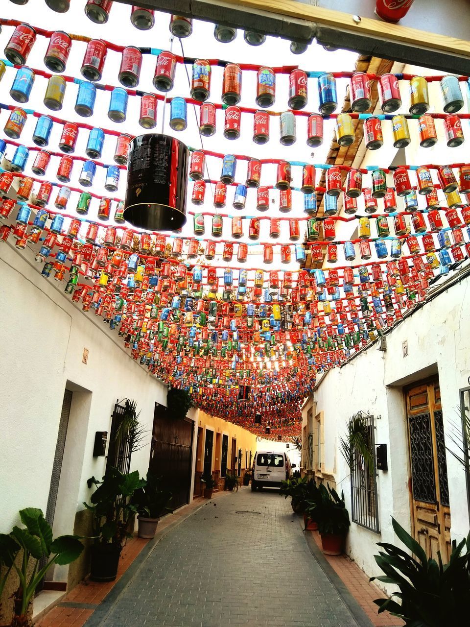 MULTI COLORED POTTED PLANTS HANGING OUTSIDE HOUSE