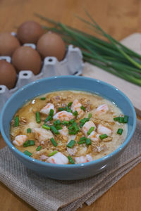 High angle view of soup in bowl on table