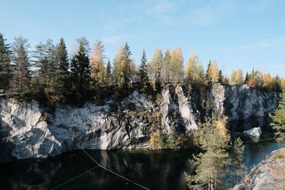 Panoramic shot of rocks by river against sky