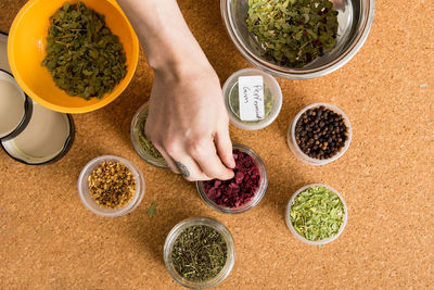 High angle view of woman preparing food