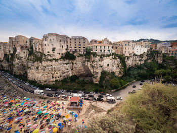 High angle view of buildings against sky