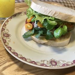 High angle view of food in plate on table