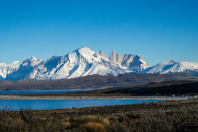 Scenic view of snowcapped mountains against blue sky