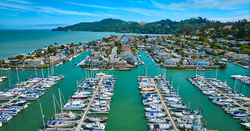 High angle view of boats in sea