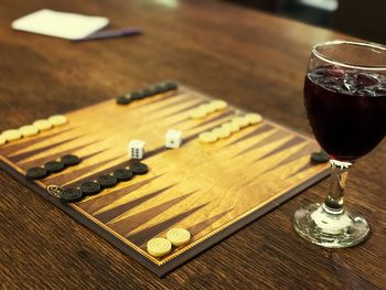 High angle view of wine glass on table